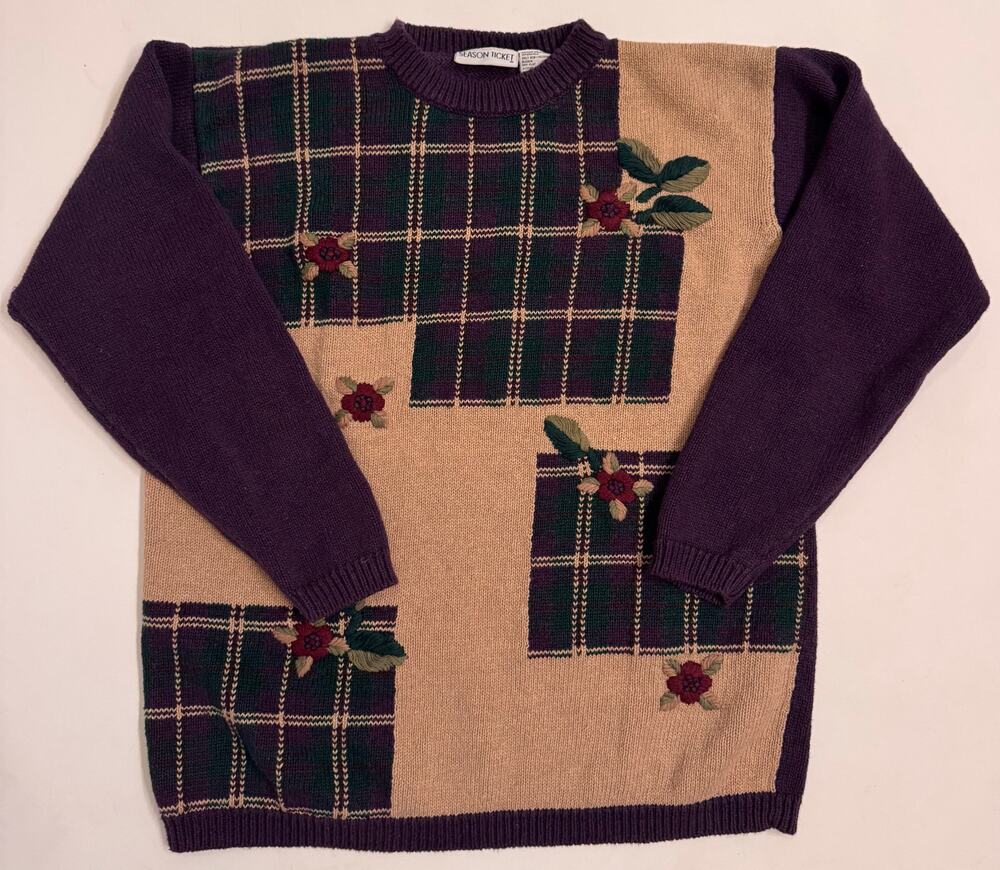 Vtg Season Ticket Purple/Green/Cream Holiday Sweater Sz S Christmas Plaid